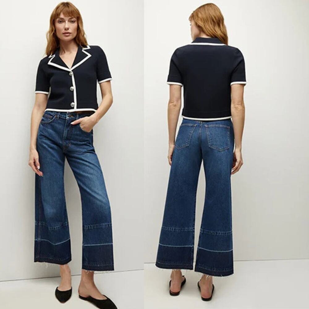 NEW Veronica Beard Taylor Hem Cropped High Rise Wide Leg Denim Jean Blue Size:27